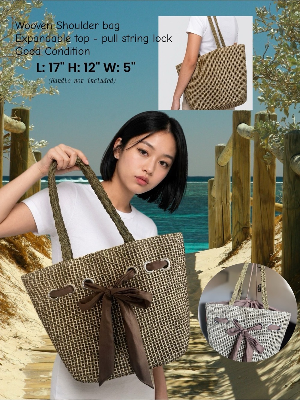 Woven Straw Tote with Olive Straps and Brown Bow / Bohemian bag / summer tote - Picture 5 of 6